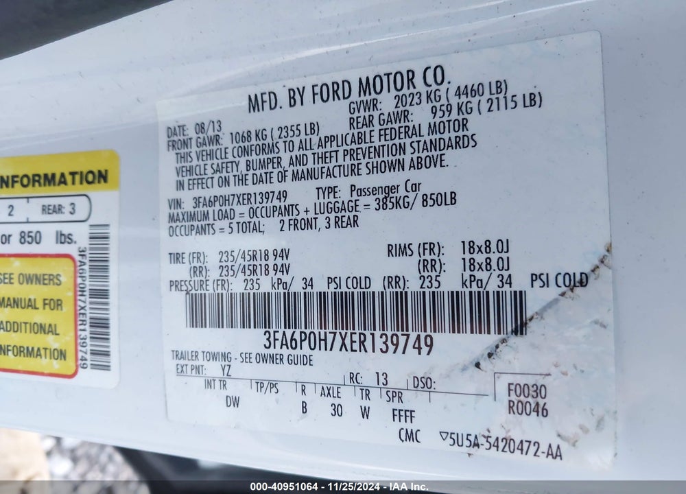2014 FORD FUSION SE VIN: 3FA6P0H7XER139749
