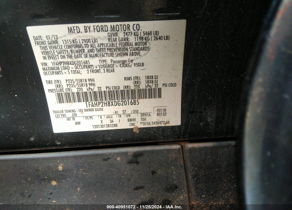 2013 FORD TAURUS SEL VIN: 1FAHP2H8XDG201685