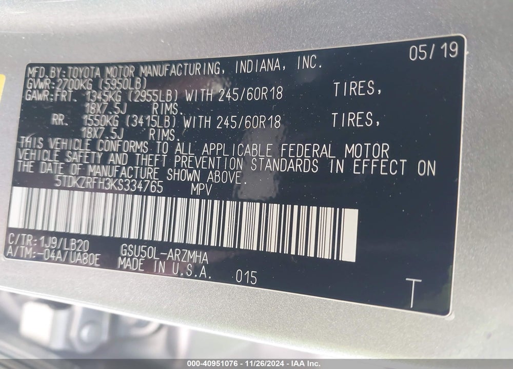 2019 TOYOTA HIGHLANDER XLE VIN: 5TDKZRFH3KS334765