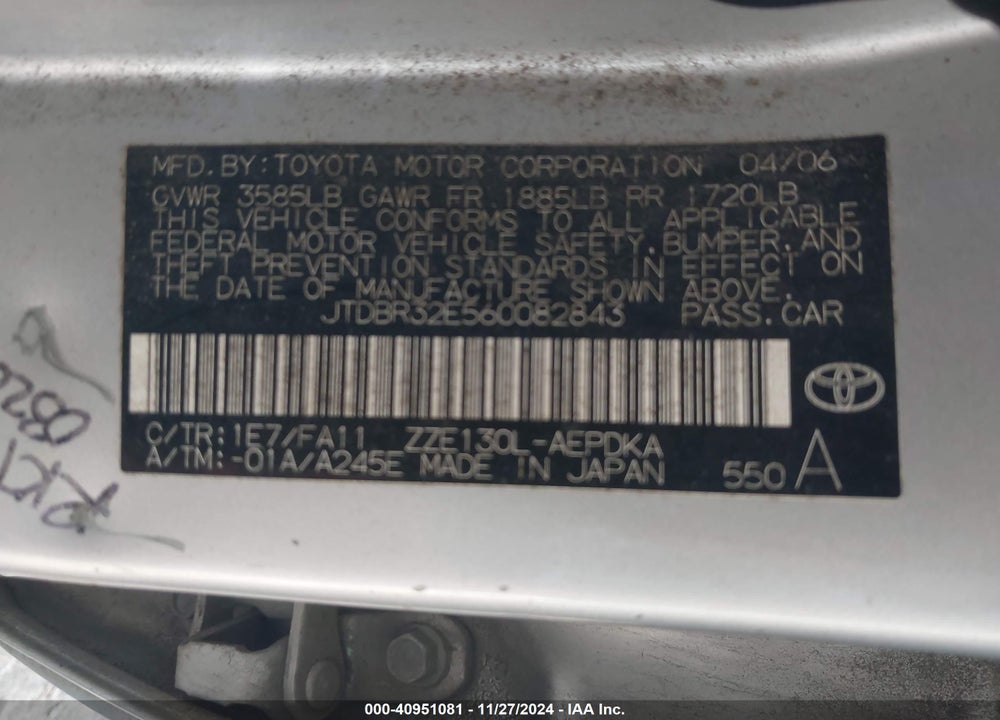 2006 TOYOTA COROLLA VIN: JTDBR32E560082843