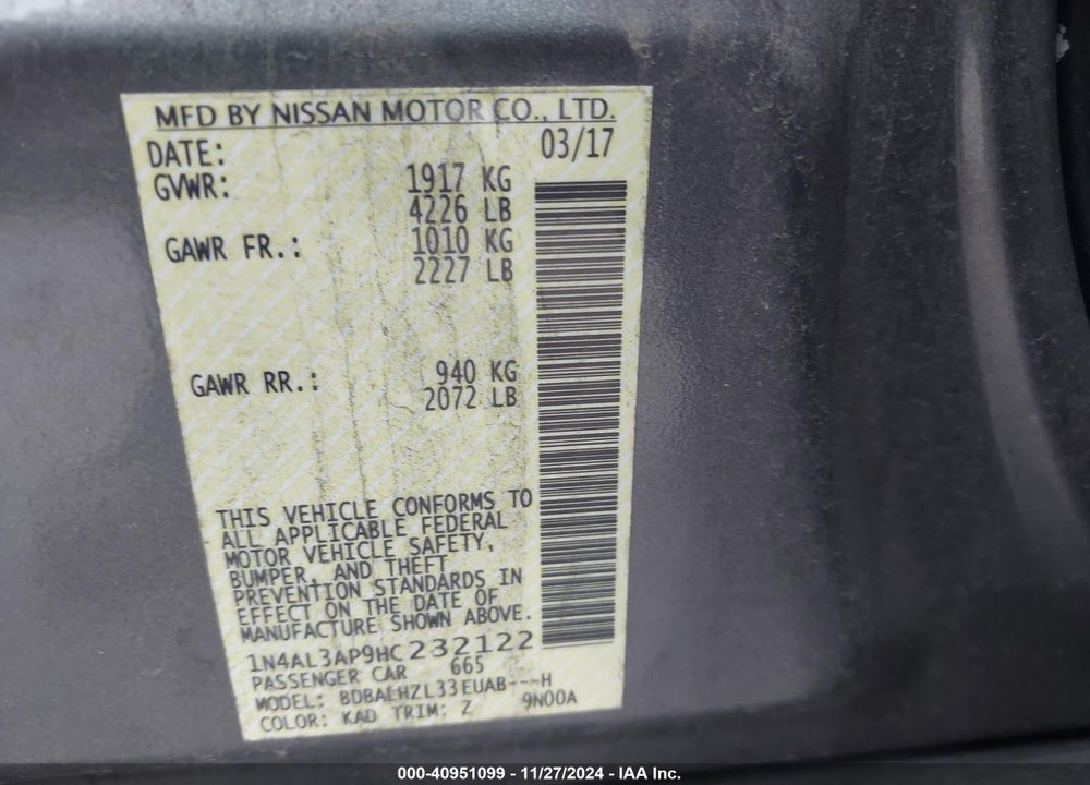 2017 NISSAN ALTIMA VIN: 1N4AL3AP9HC232122