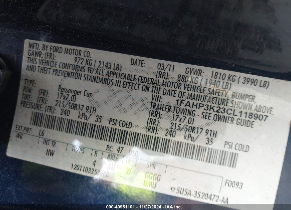 2012 FORD FOCUS SE VIN: 1FAHP3K23CL118907