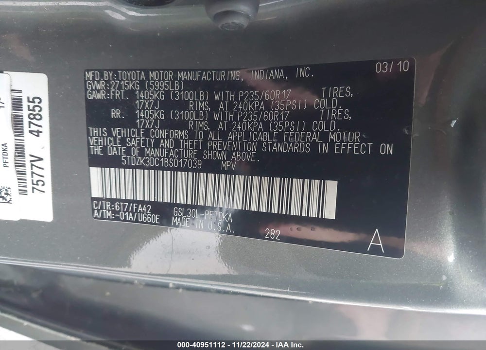 2011 TOYOTA SIENNA BASE V6 VIN: 5TDZK3DC1BS017039