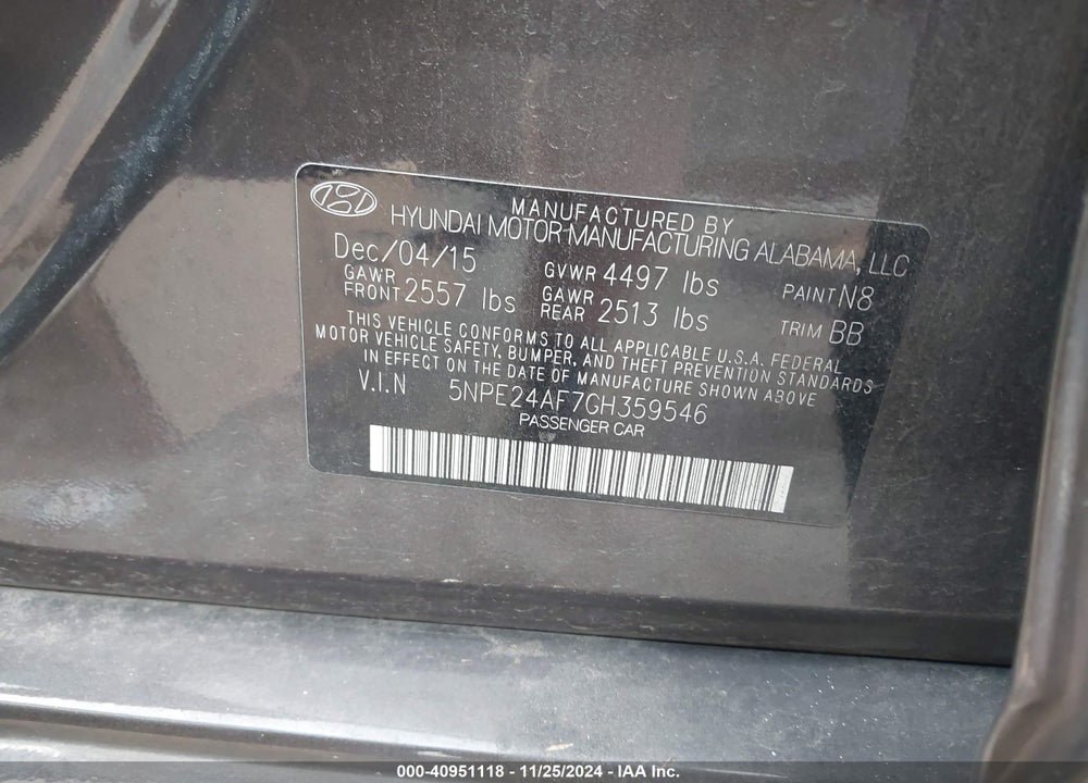 2016 HYUNDAI SONATA SE VIN: 5NPE24AF7GH359546