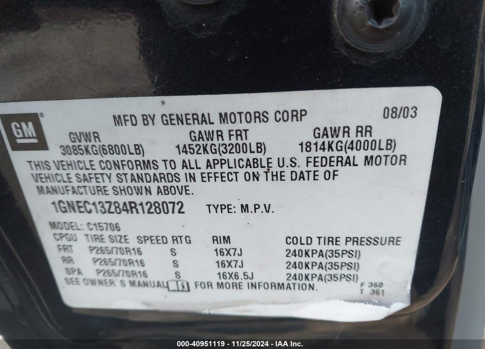 2004 CHEVROLET TAHOE LS VIN: 1GNEC13Z84R128072