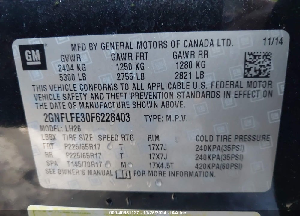 2015 CHEVROLET EQUINOX 1LT VIN: 2GNFLFE30F6228403