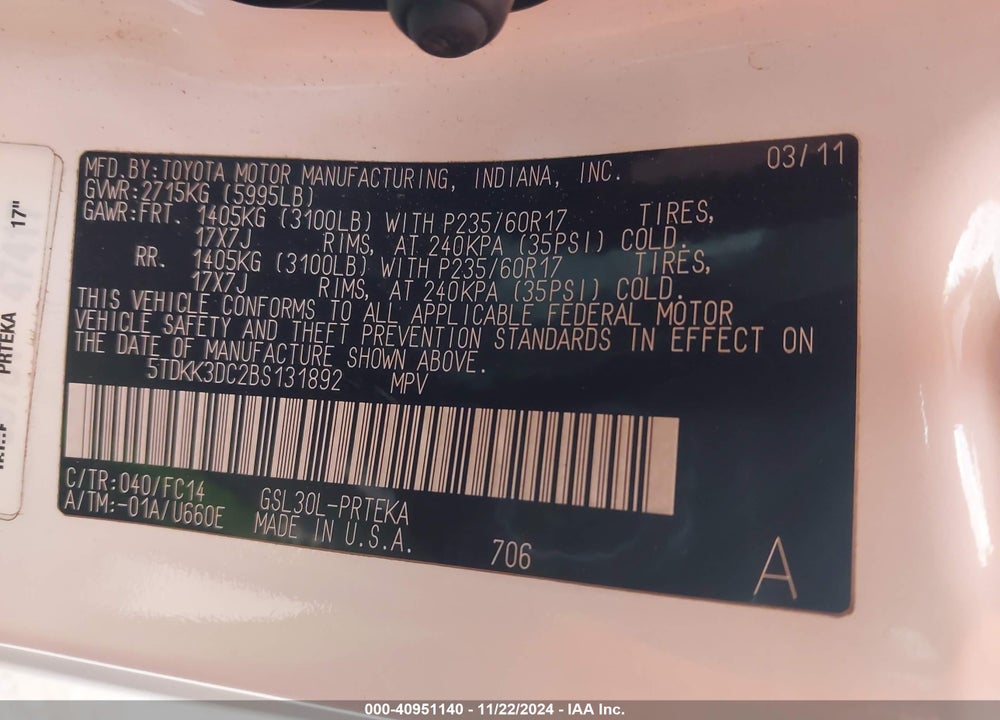 2011 TOYOTA SIENNA LE V6 VIN: 5TDKK3DC2BS131892