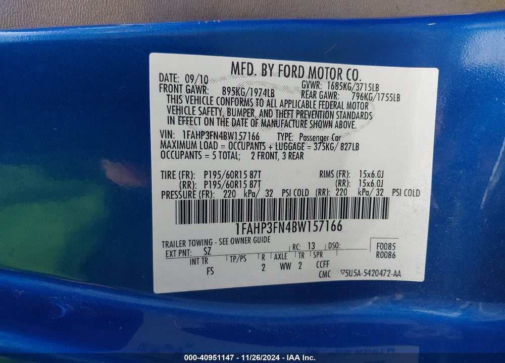 2011 FORD FOCUS SE VIN: 1FAHP3FN4BW157166