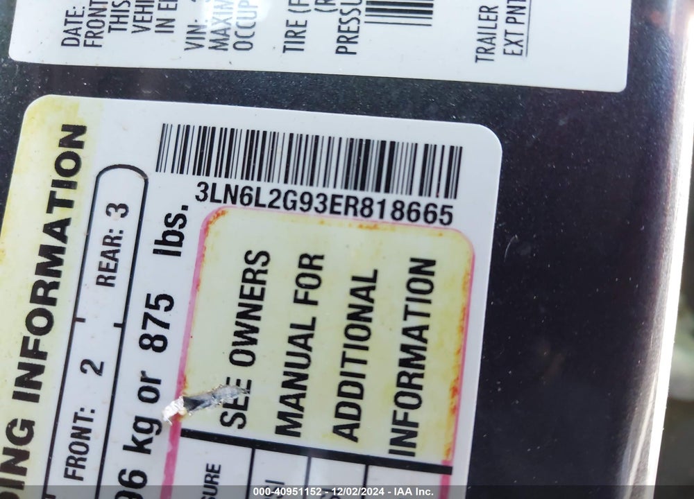 2014 LINCOLN MKZ VIN: 3LN6L2G93ER818665