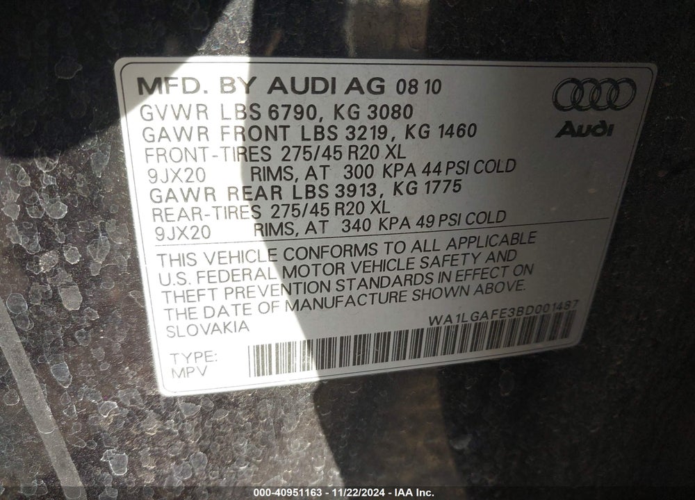 2011 AUDI Q7 3.0T PREMIUM VIN: WA1LGAFE3BD001487