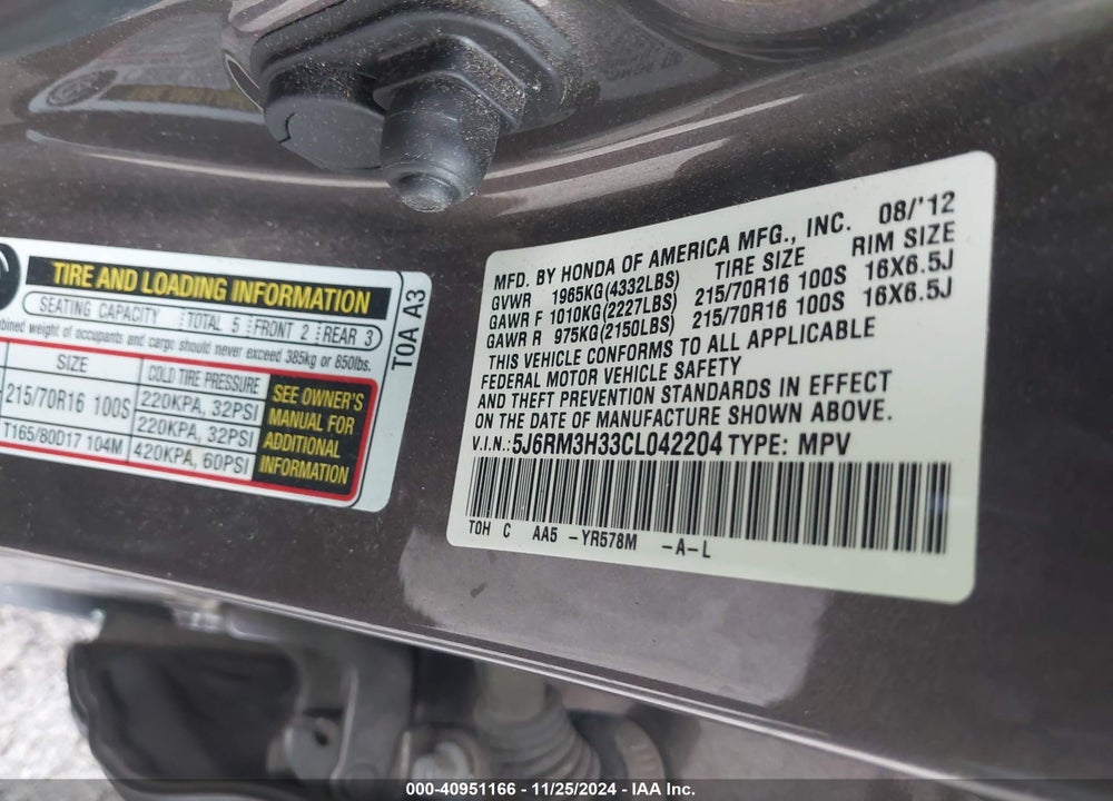 2012 HONDA CR-V LX VIN: 5J6RM3H33CL042204