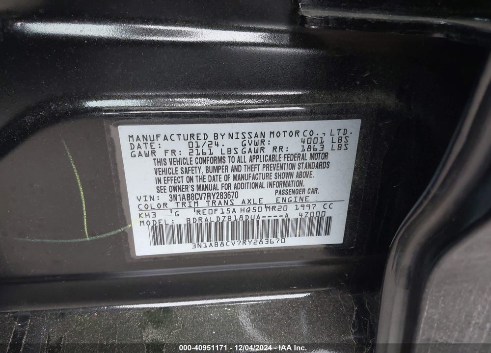2024 NISSAN SENTRA SV XTRONIC CVT VIN: 3N1AB8CV7RY283670