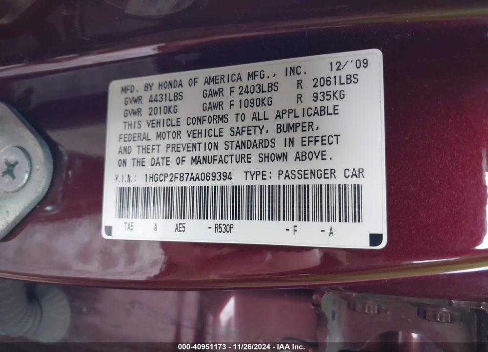 2010 HONDA ACCORD 2.4 EX-L VIN: 1HGCP2F87AA069394