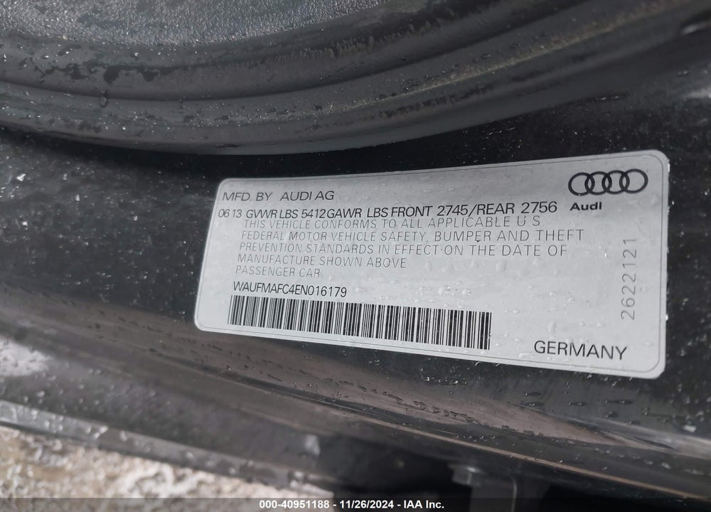 2014 AUDI A6 3.0 TDI PREMIUM PLUS VIN: WAUFMAFC4EN016179