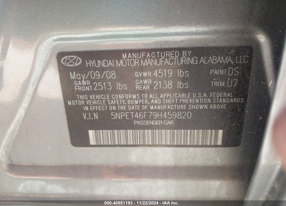 2009 HYUNDAI SONATA GLS VIN: 5NPET46F79H459820