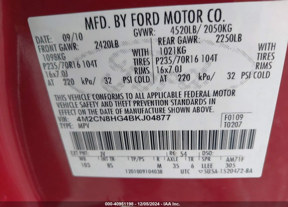 2011 MERCURY MARINER PREMIER VIN: 4M2CN8HG4BKJ04877