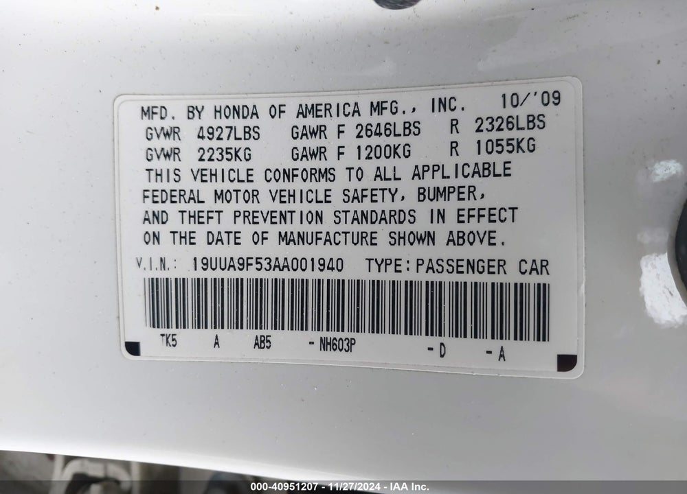 2010 ACURA TL 3.7 VIN: 19UUA9F53AA001940