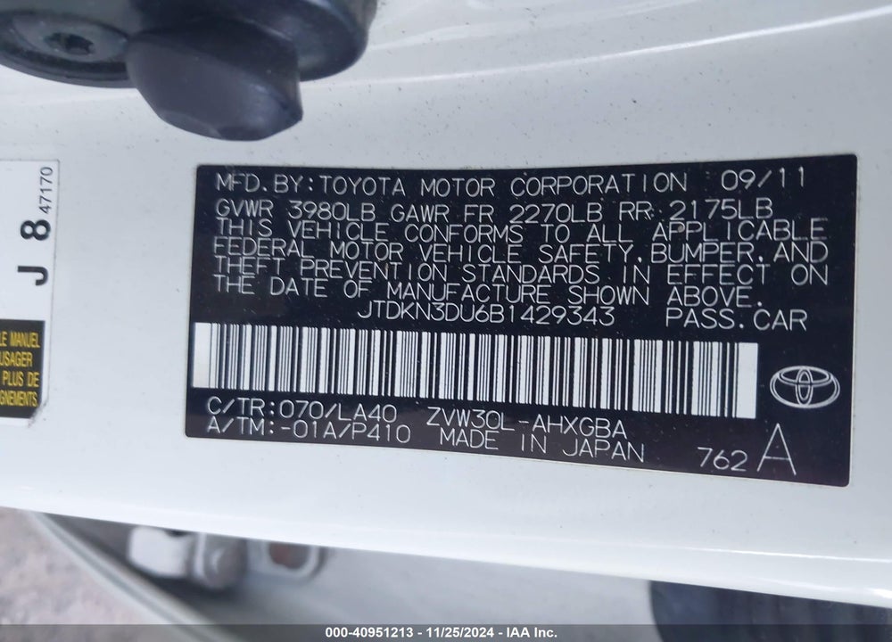2011 TOYOTA PRIUS VIN: JTDKN3DU6B1429343