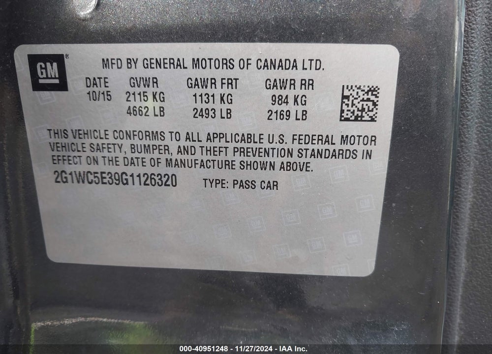 2016 CHEVROLET IMPALA LIMITED LTZ VIN: 2G1WC5E39G1126320