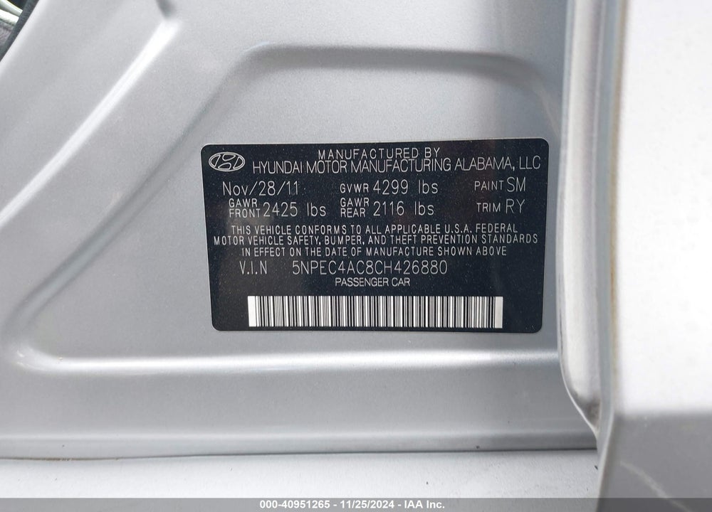 2012 HYUNDAI SONATA LIMITED VIN: 5NPEC4AC8CH426880