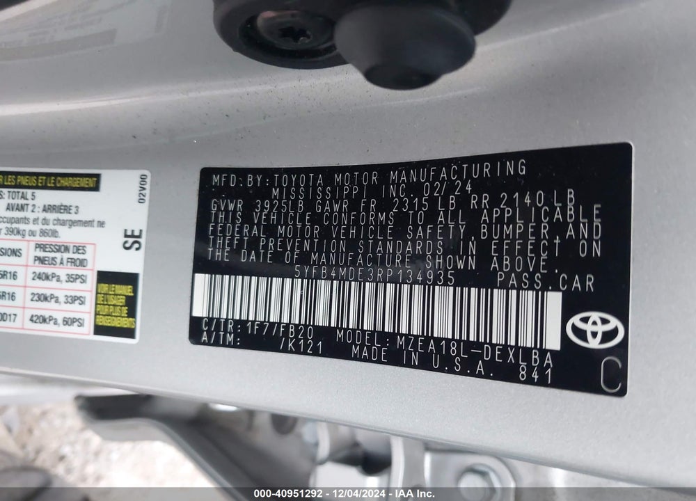 2024 TOYOTA COROLLA LE VIN: 5YFB4MDE3RP134935
