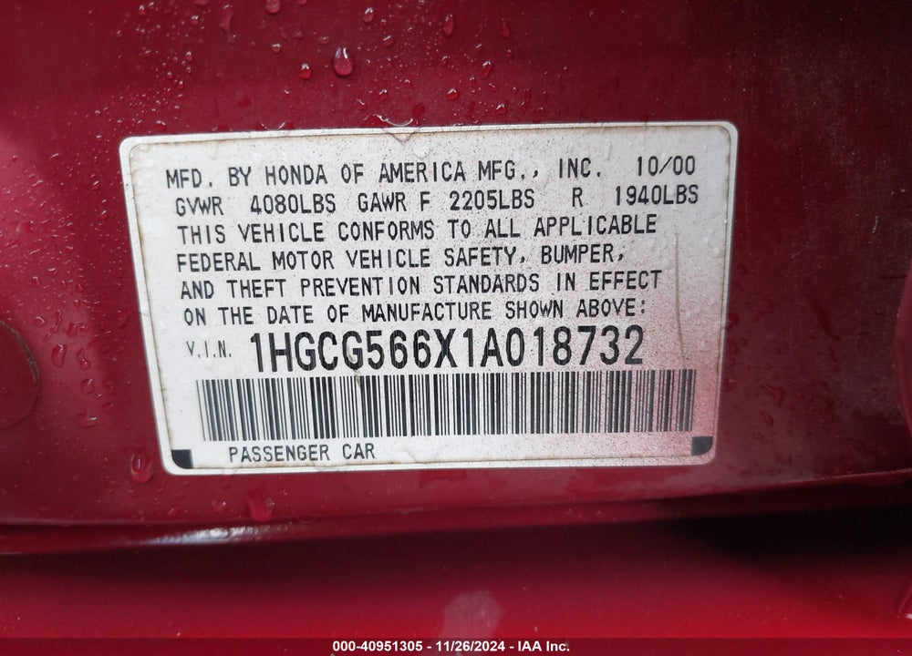 2001 HONDA ACCORD 2.3 EX VIN: 1HGCG566X1A018732