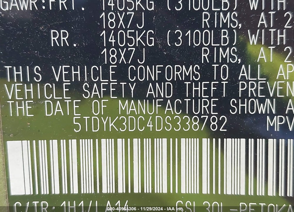 2013 TOYOTA SIENNA XLE LIMITED VIN: 5TDYK3DC4DS338782