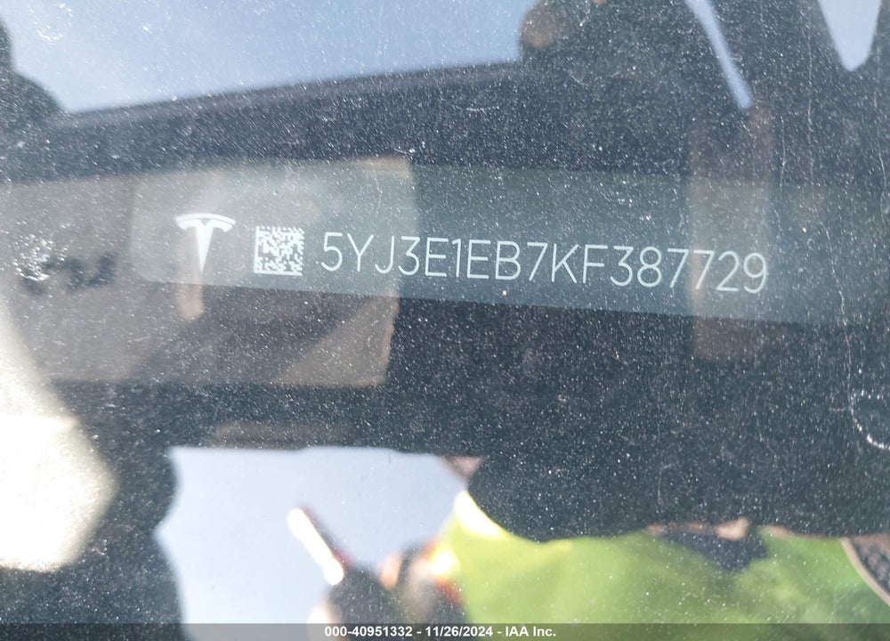2019 TESLA MODEL 3 LONG RANGE/PERFORMANCE VIN: 5YJ3E1EB7KF387729