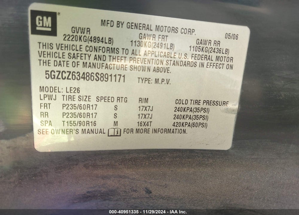 2006 SATURN VUE V6 VIN: 5GZCZ63486S891171