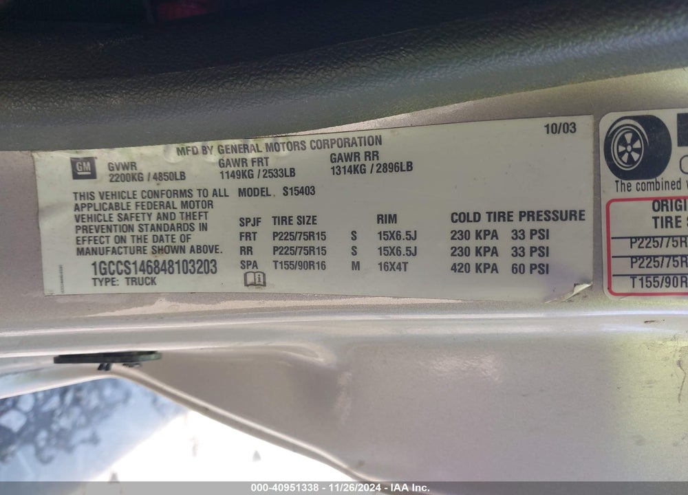 2004 CHEVROLET COLORADO LS VIN: 1GCCS146848103203