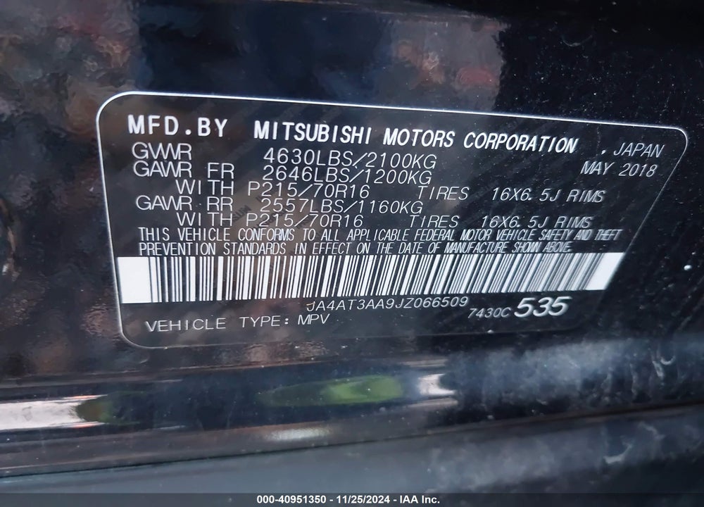 2018 MITSUBISHI ECLIPSE CROSS ES VIN: JA4AT3AA9JZ066509