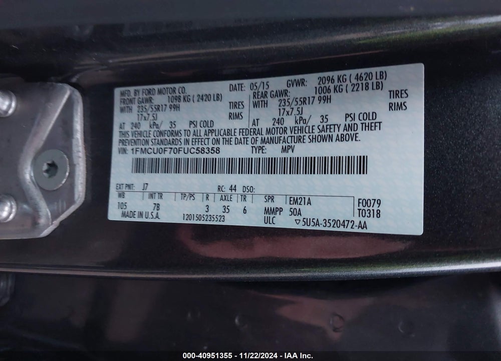 2015 FORD ESCAPE S VIN: 1FMCU0F70FUC58358