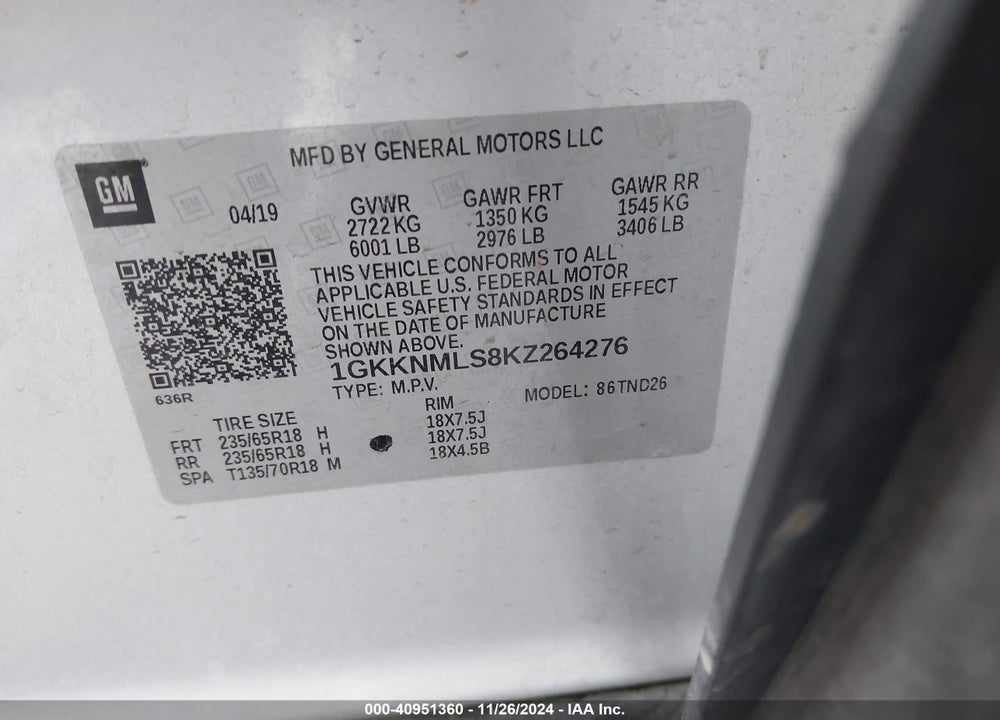 2019 GMC ACADIA SLT-1 VIN: 1GKKNMLS8KZ264276