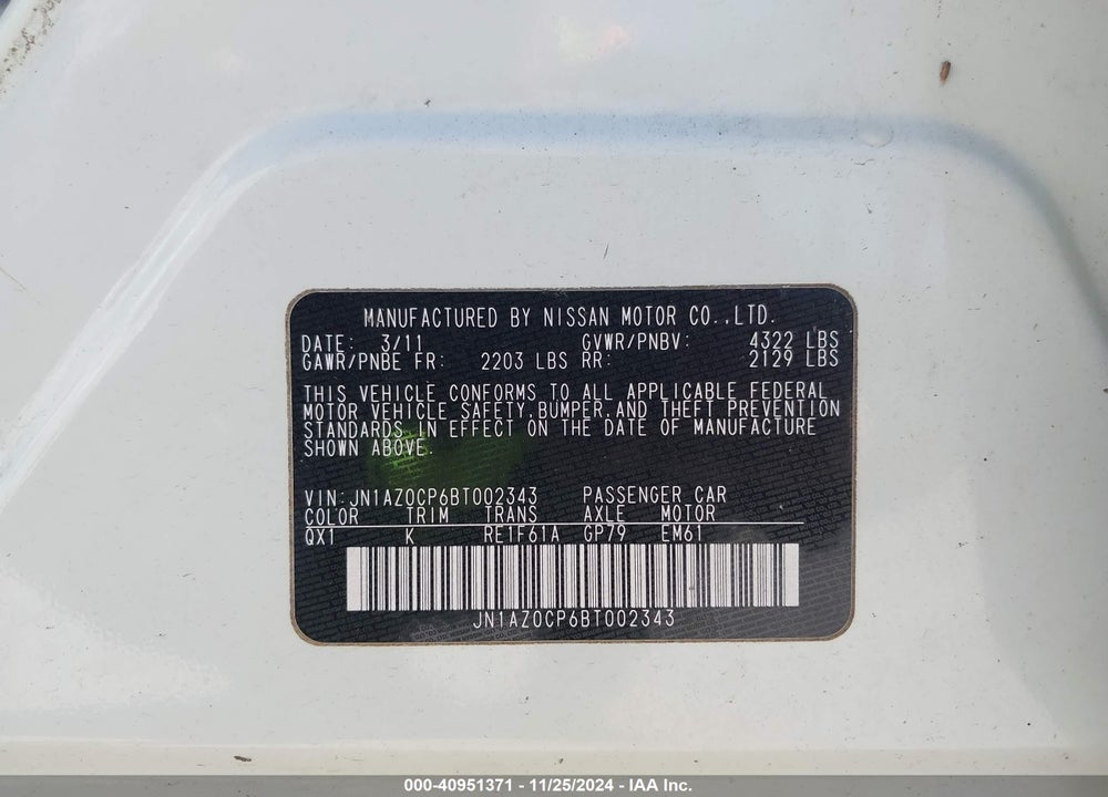 2011 NISSAN LEAF SL VIN: JN1AZ0CP6BT002343