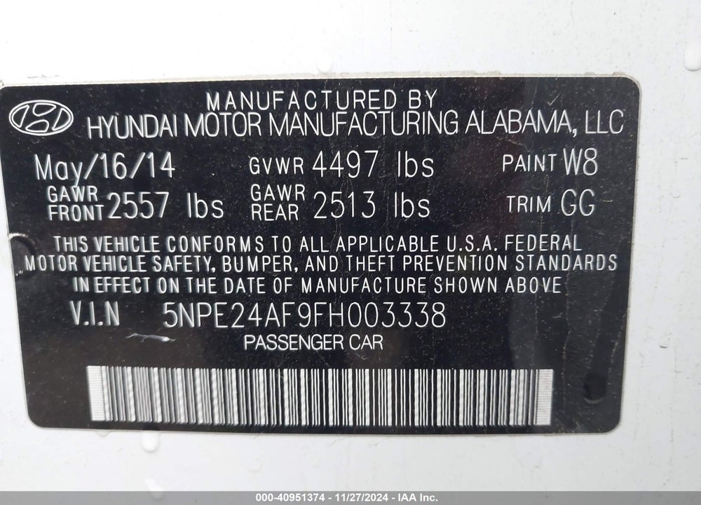 2015 HYUNDAI SONATA SE VIN: 5NPE24AF9FH003338