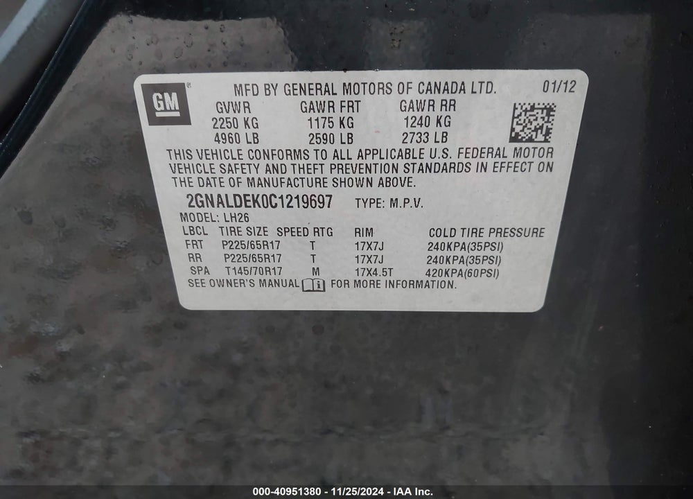 2012 CHEVROLET EQUINOX 1LT VIN: 2GNALDEK0C1219697
