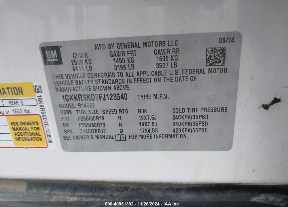 2015 GMC ACADIA SLT-2 VIN: 1GKKRSKD7FJ123540