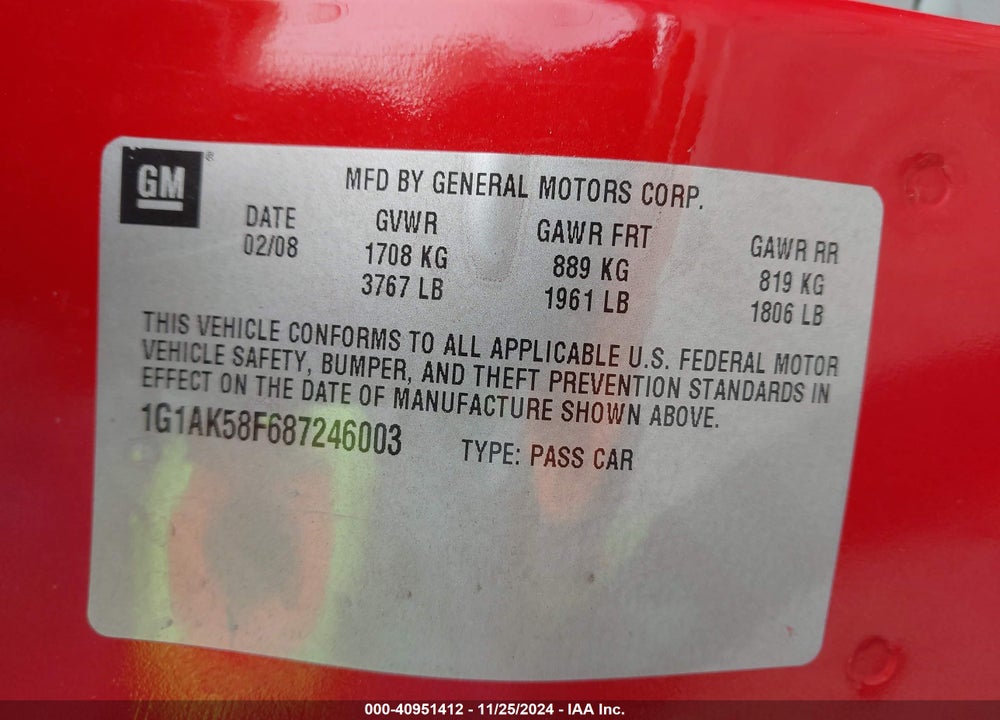 2008 CHEVROLET COBALT LS VIN: 1G1AK58F687246003
