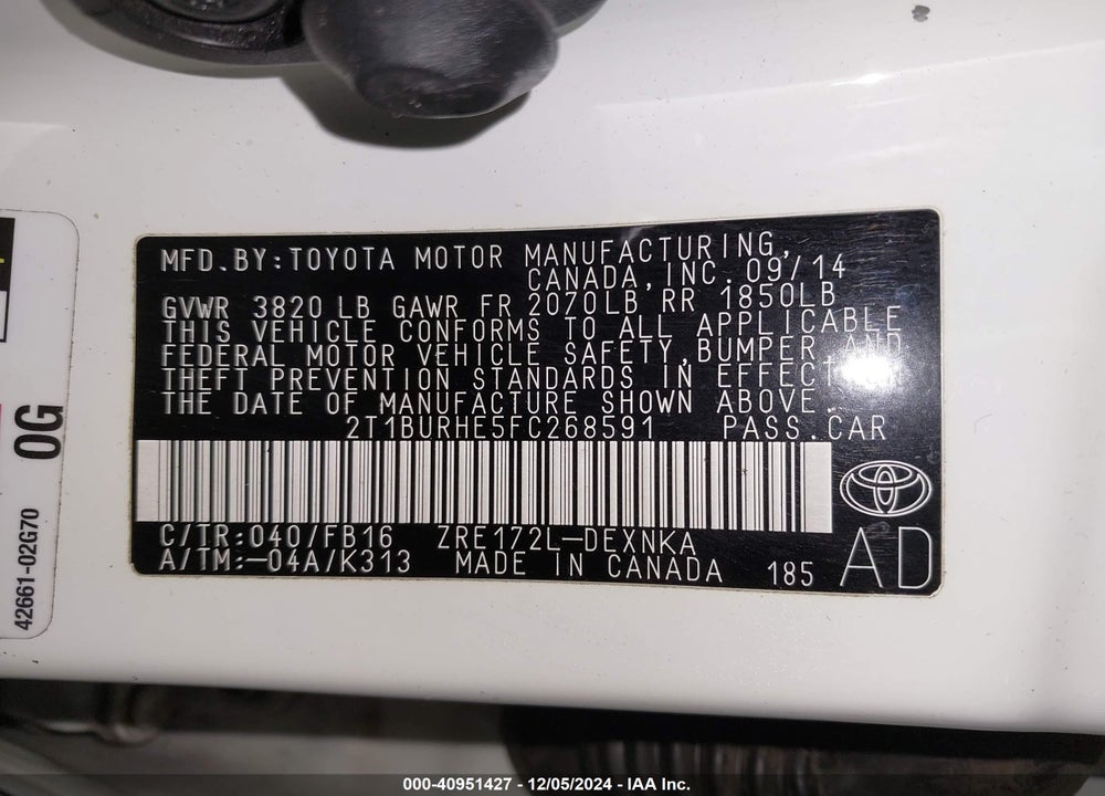 2015 TOYOTA COROLLA LE VIN: 2T1BURHE5FC268591