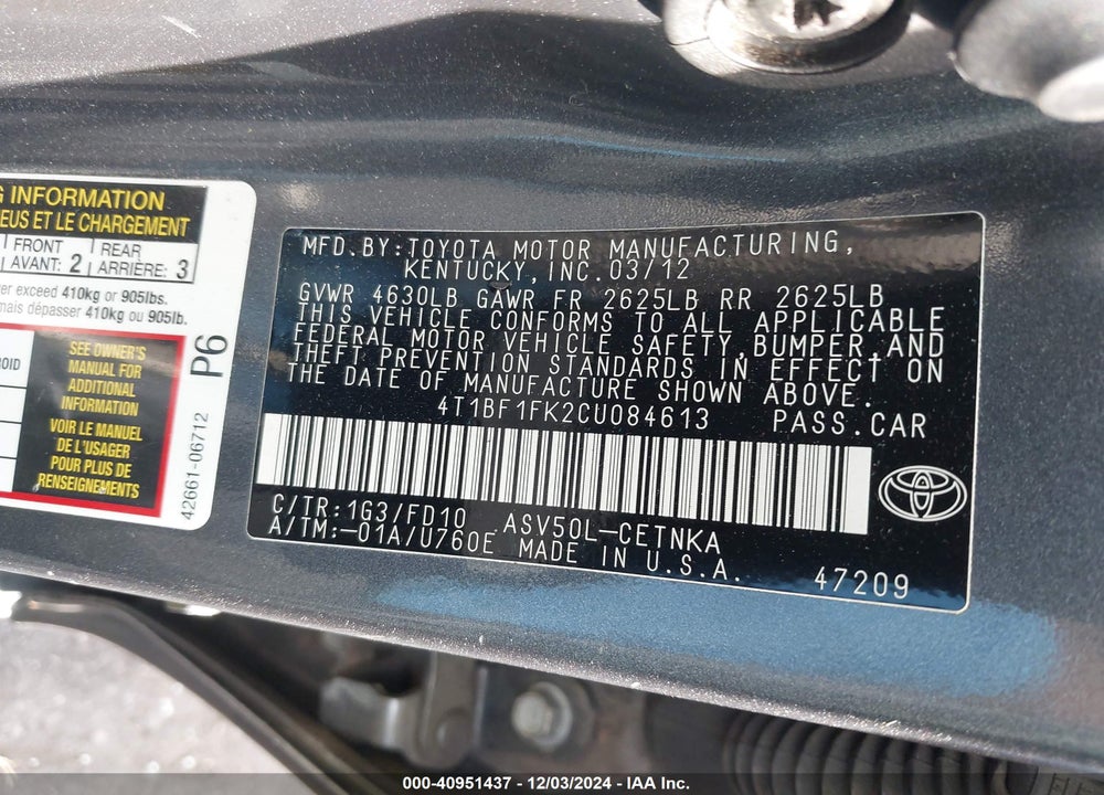 2012 TOYOTA CAMRY LE VIN: 4T1BF1FK2CU084613