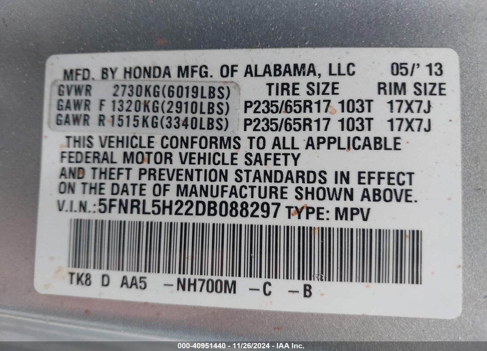 2013 HONDA ODYSSEY LX VIN: 5FNRL5H22DB088297