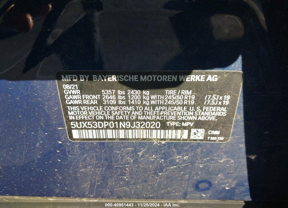 2022 BMW X3 XDRIVE30I VIN: 5UX53DP01N9J32020