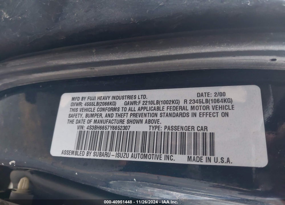2000 SUBARU OUTBACK VIN: 4S3BH6657Y6652307