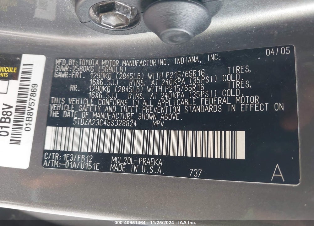 2005 TOYOTA SIENNA LE VIN: 5TDZA23C45S328824