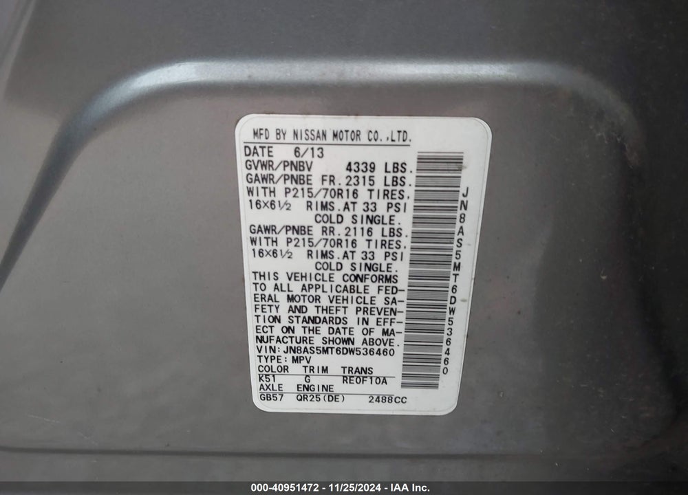 2013 NISSAN ROGUE S VIN: JN8AS5MT6DW536460