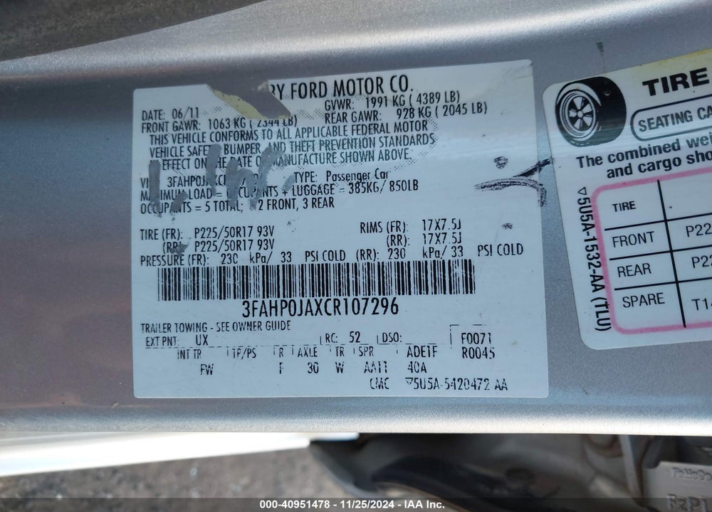 2012 FORD FUSION SEL VIN: 3FAHP0JAXCR107296