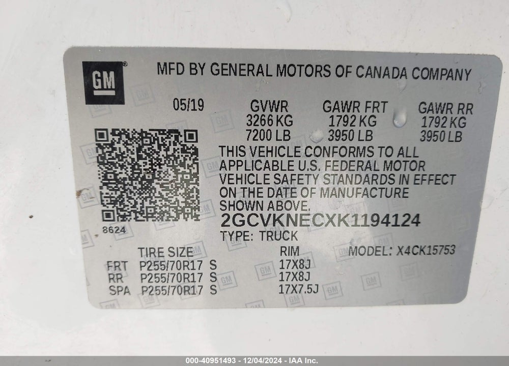 2019 CHEVROLET SILVERADO 1500 VIN: 2GCVKNECXK1194124