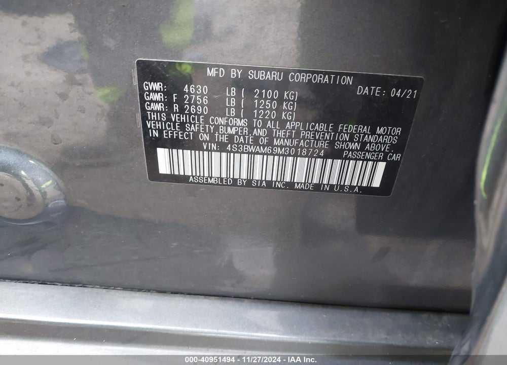 2021 SUBARU LEGACY VIN: 4S3BWAM69M3018724