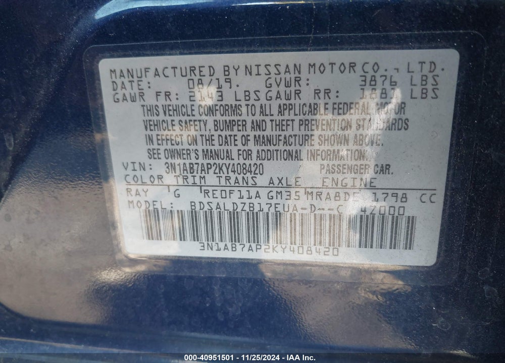 2019 NISSAN SENTRA SV VIN: 3N1AB7AP2KY408420