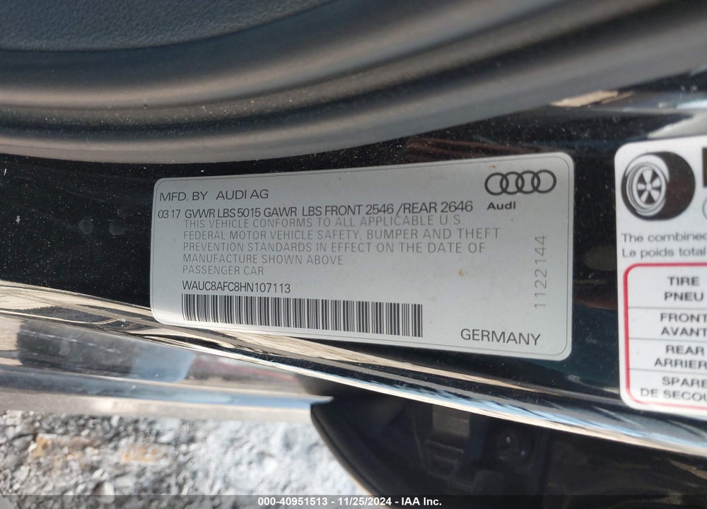 2017 AUDI A6 2.0T PREMIUM VIN: WAUC8AFC8HN107113